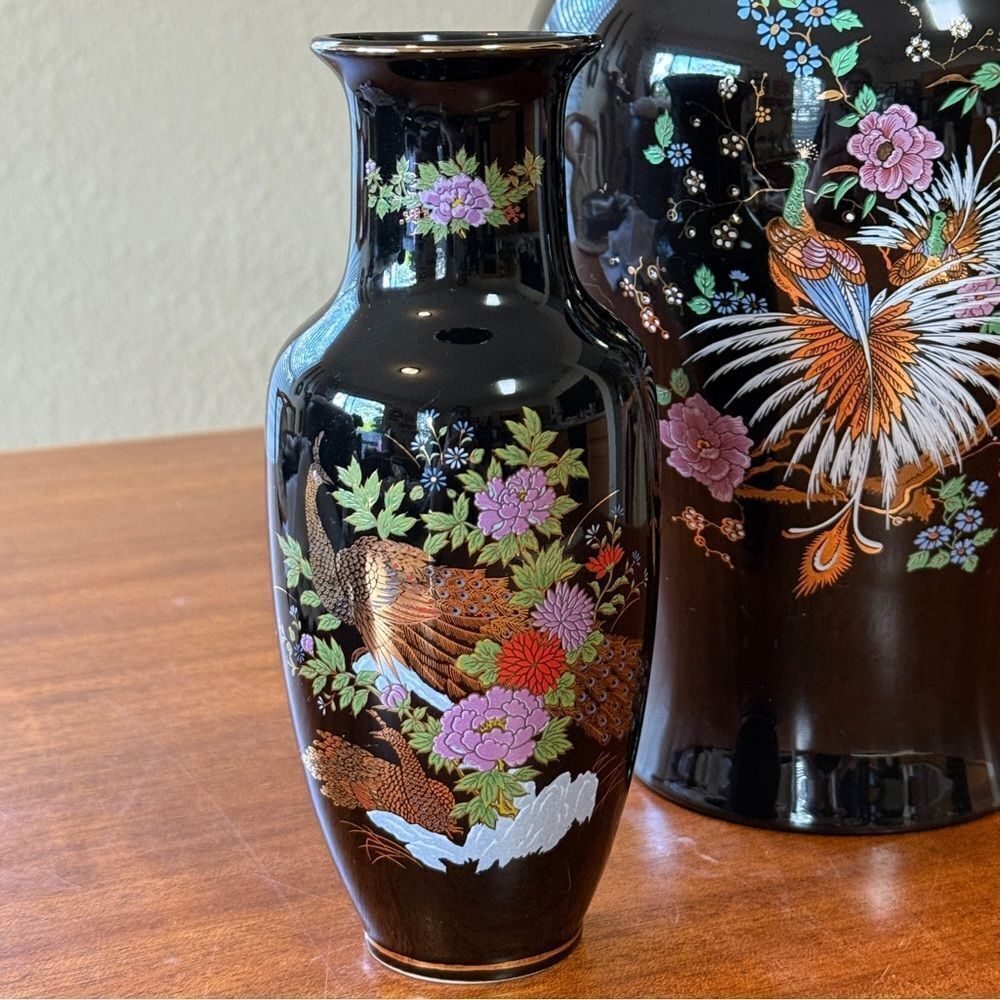 Vintage Ceramic Peacock Imperial Kutani 8” Japanese Vase and 15” Ceramic Pottery - Picture 3 of 16